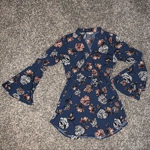Blush Brand Blue Floral Dress with Flared Sleeves